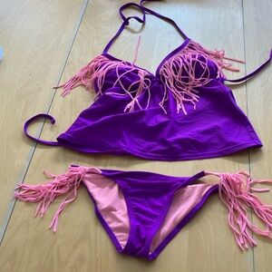 Like-New Ocean Pacific Fringe‎ Bikini Purple & Pink Set Size L Top Size S Bottom